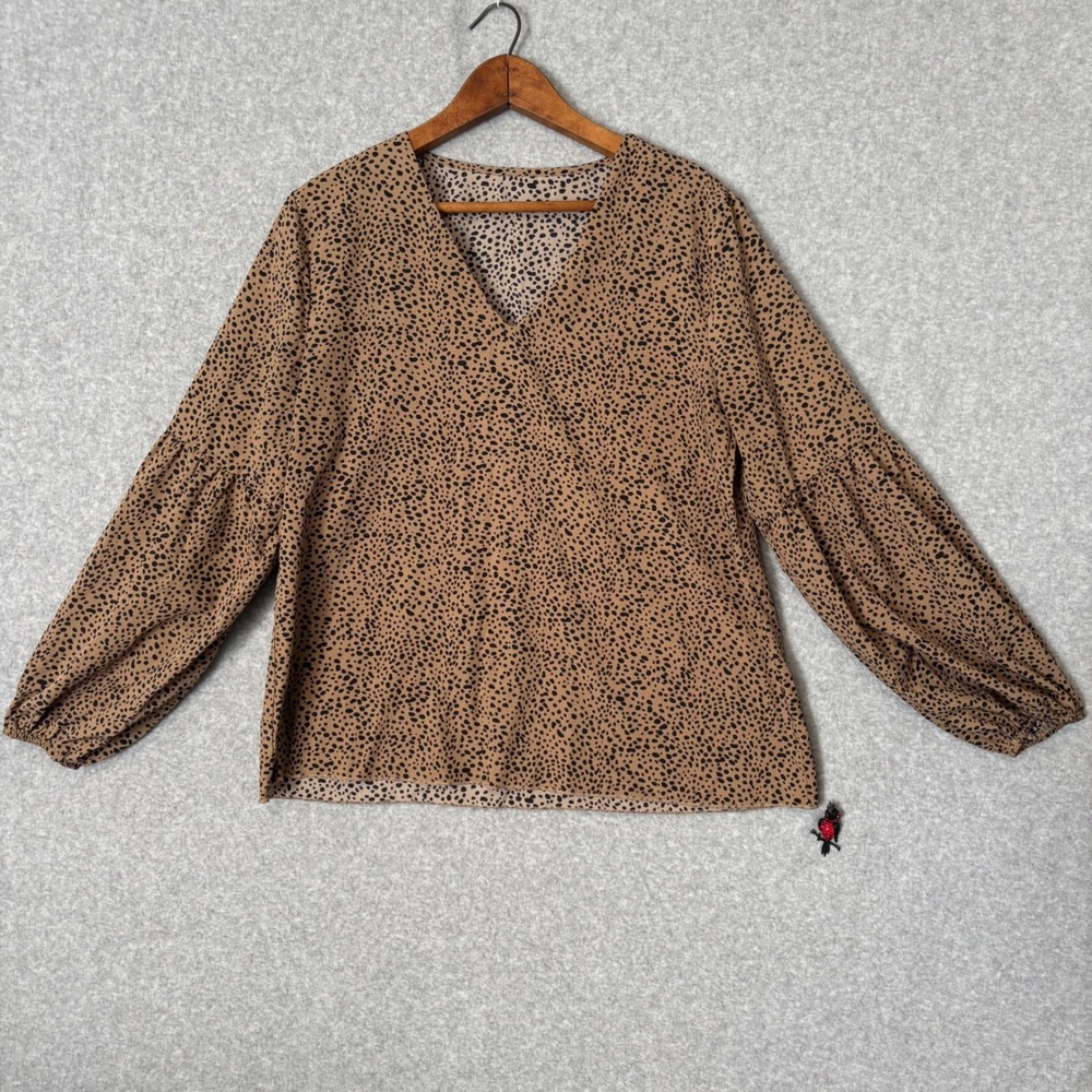 SHEIN Women's 0XL Blouse Tan Black Dalmation Print V Neck Balloon Sleeve Top